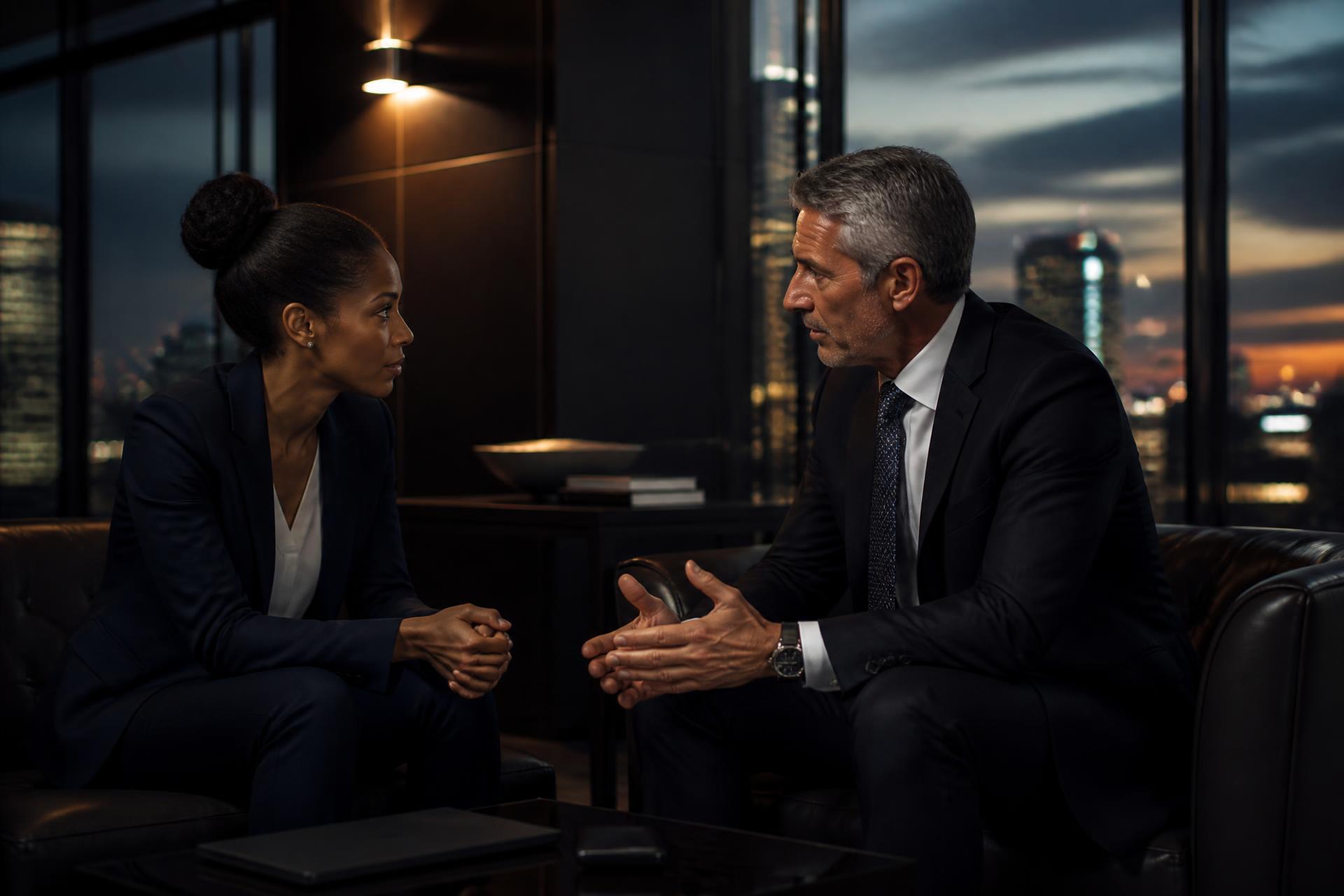 Two professionals in confidential discussion