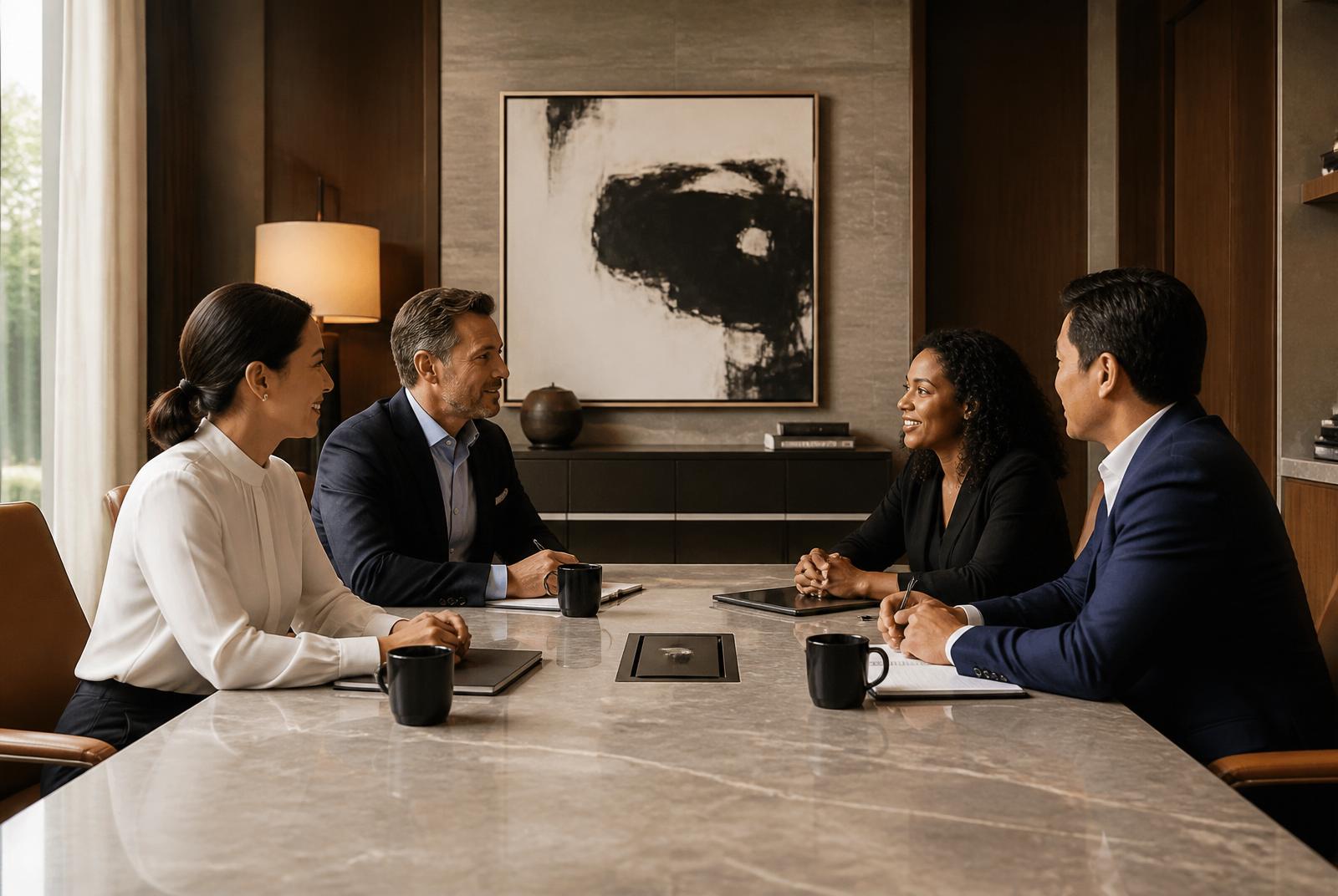 Diverse professionals meeting in a private boardroom